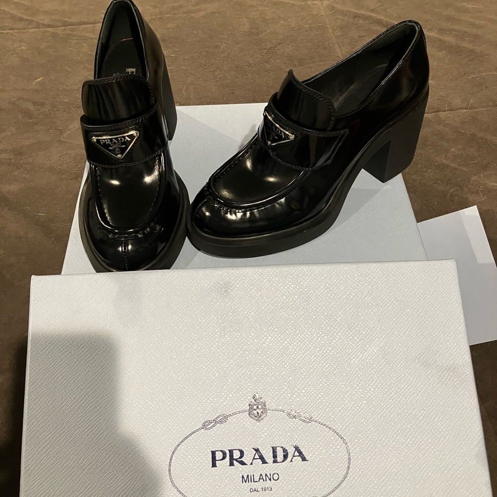 Prada Black Patent Leather Chunky Heel Loafers